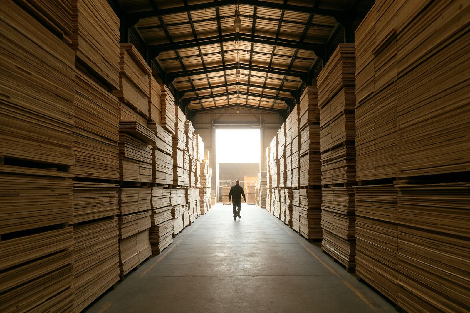 Aisle in the Capital Timber Traders warehouse with stacked plywood