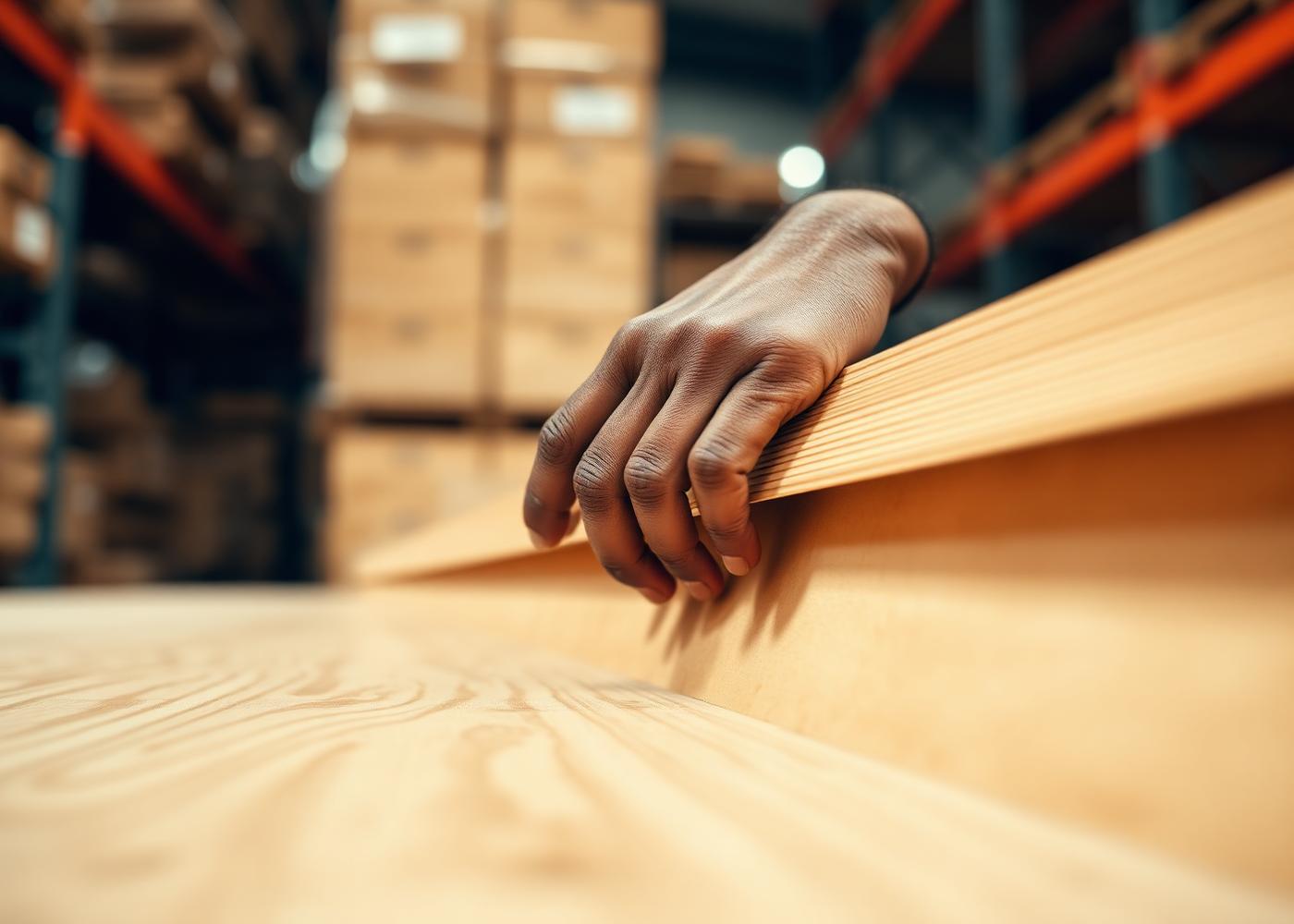 Worker handling a plywood sheet