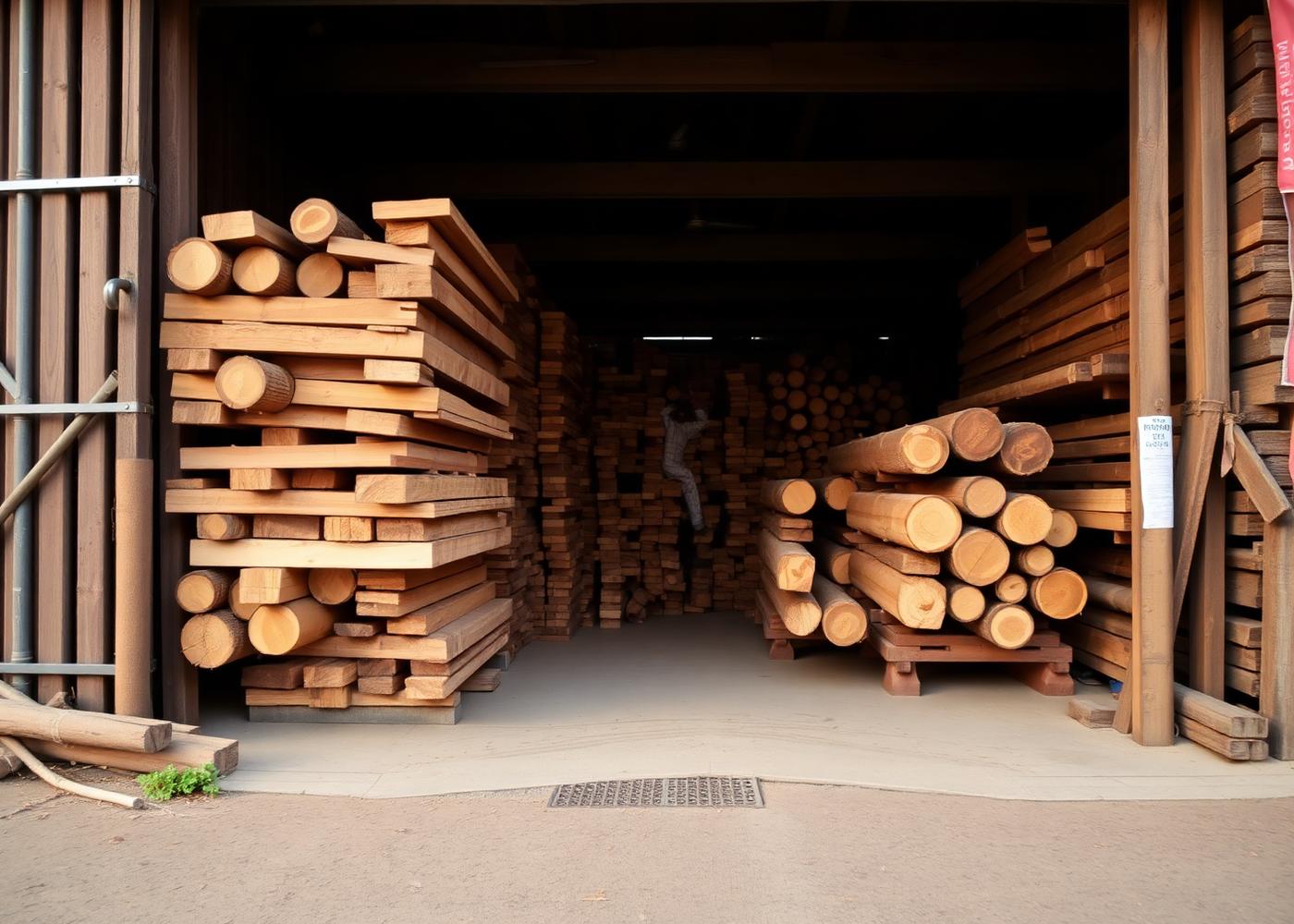 Stacked hardwood timber at the warehouse entrance